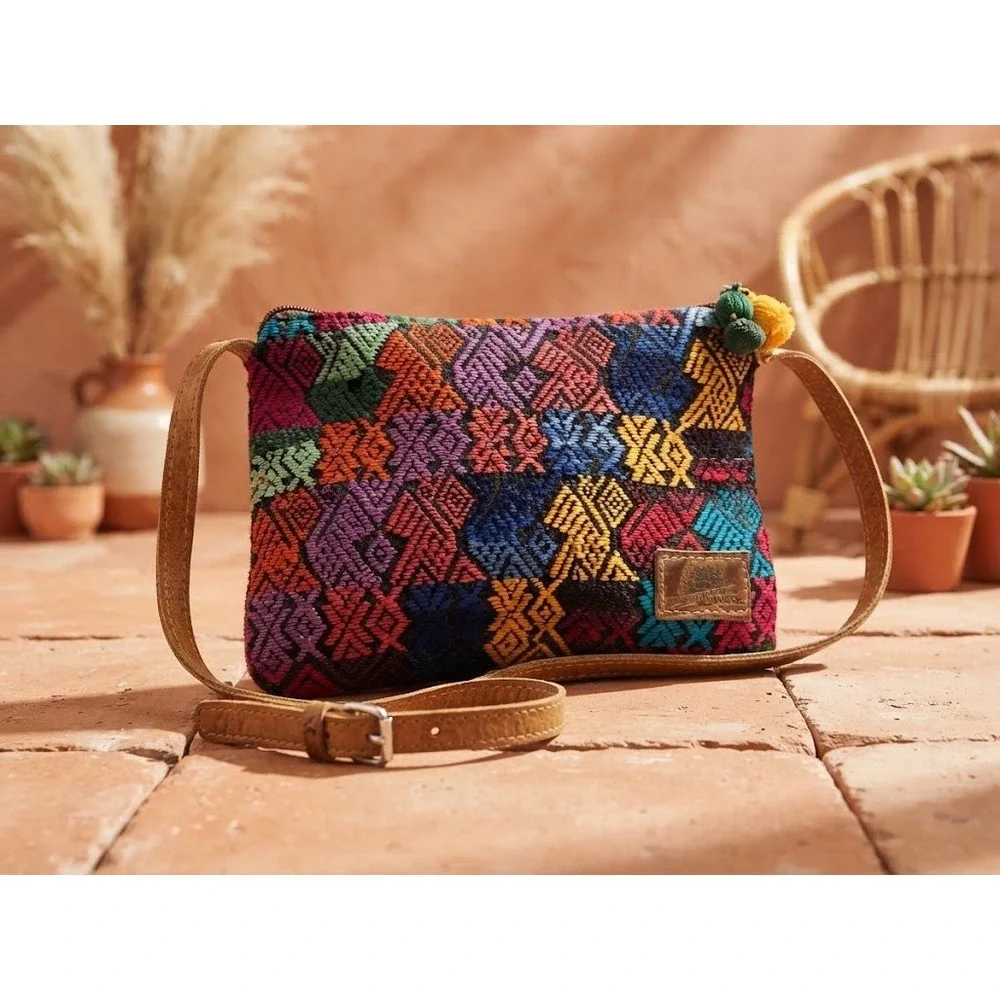 Founders Imports Crossbody Bag Small Multi Color Woven Boho Leather Strap PomPom